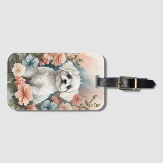 Étiquette À Bagage Bébés mignons animaux | Mignonne chiot maltais bla (Devant Horizontal)