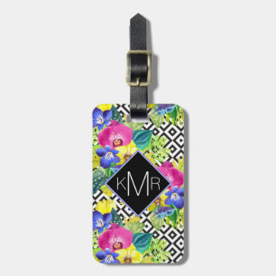 Étiquette À Bagage Bégonia d'orchidée et monogramme des palmettes  