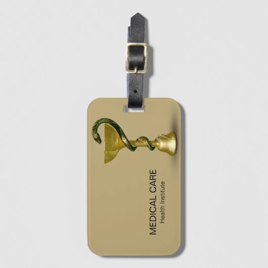 Étiquette À Bagage Beige Médicale Snake Bowl Hygieia Gold Caduceus (Devant Vertical)