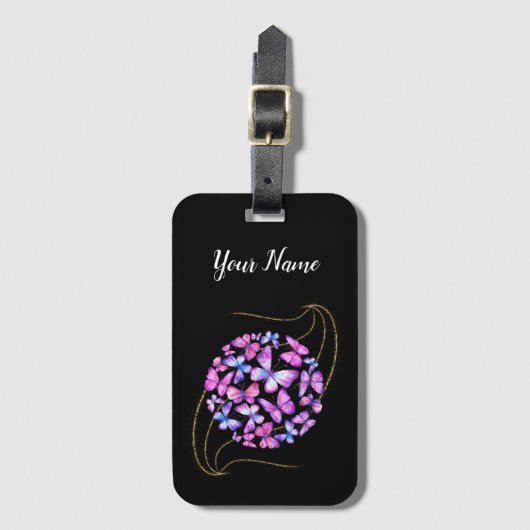 Étiquette À Bagage Belle Aquarelle Papillons avec Boule d'Or (Devant Vertical)