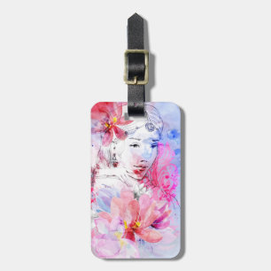 Étiquette À Bagage Belle fille avec un bouquet des fleurs