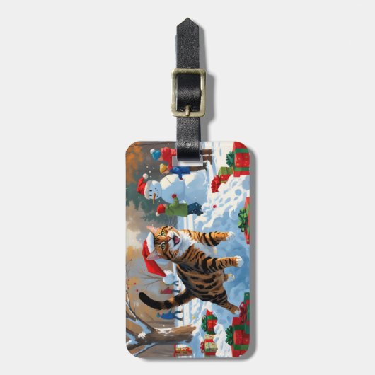 Étiquette À Bagage Bengale Chat Noël Festive Scène de neige (Devant Vertical)