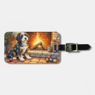 Étiquette À Bagage Bernedoodle Cheminée avec Lumières de Noël