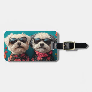Étiquette À Bagage Bichon Frise avec coeur Roses Saint-Valentin