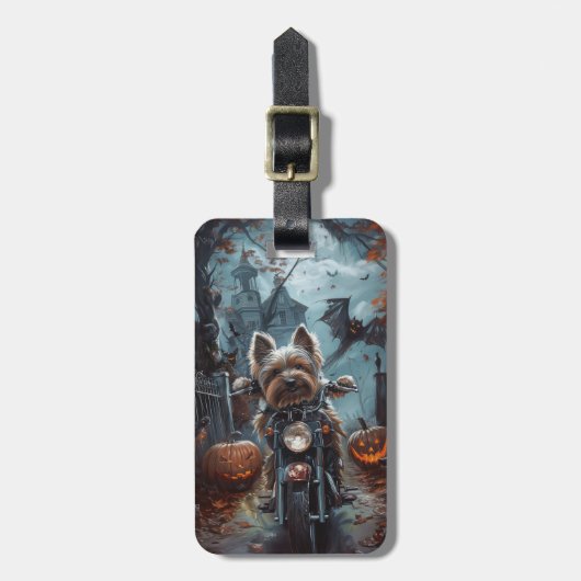 Étiquette À Bagage Biewer Terrier équitation Moto Halloween Effrayer (Devant Vertical)