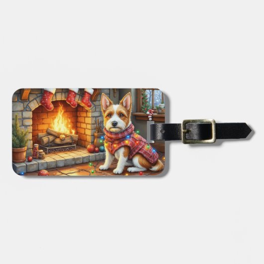 Étiquette À Bagage Biewer Terrier Fireplace with Christmas Lights (Devant horizontal)