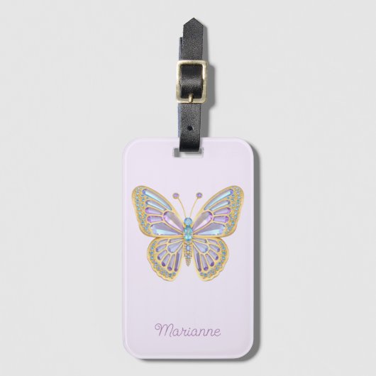 Étiquette À Bagage Bijoux Papillon bleu violet Or (Devant Vertical)