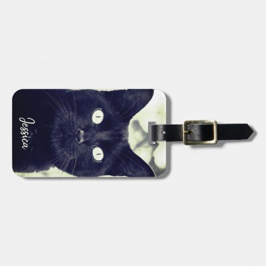 Étiquette À Bagage Black Cat Cute Animal Photo Nom Personnalisé (Devant horizontal)