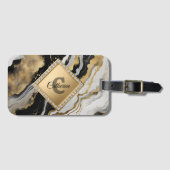 Étiquette À Bagage Black Gold Agate Marble Glam Diamond Monogram (Devant Horizontal)