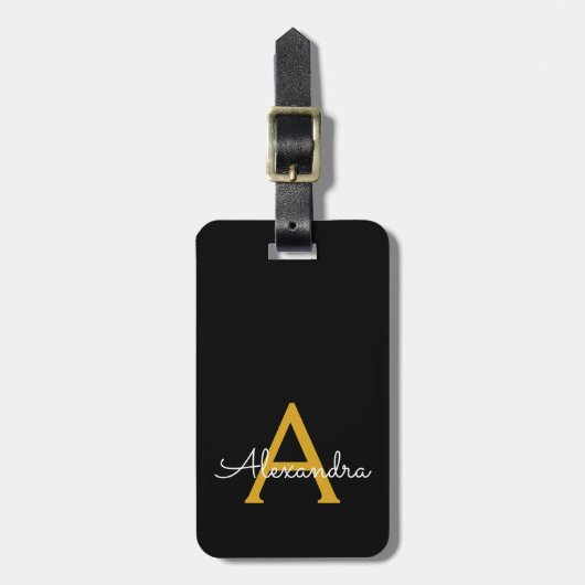 Étiquette À Bagage Black Gold Girl Script Monogramme Nom Moderne (Devant Vertical)
