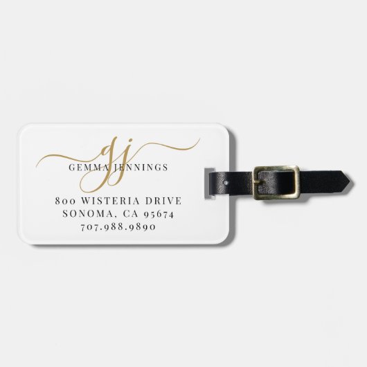 Étiquette À Bagage Black Gold Monogram Script Name (Devant horizontal)