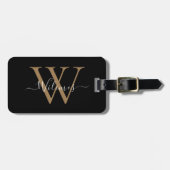 Étiquette À Bagage Black Gold Monogram Script Name Stylish (Devant horizontal)