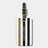 Étiquette À Bagage Black Stripes FAUX Gold Glitz et Nom (Devant Vertical)