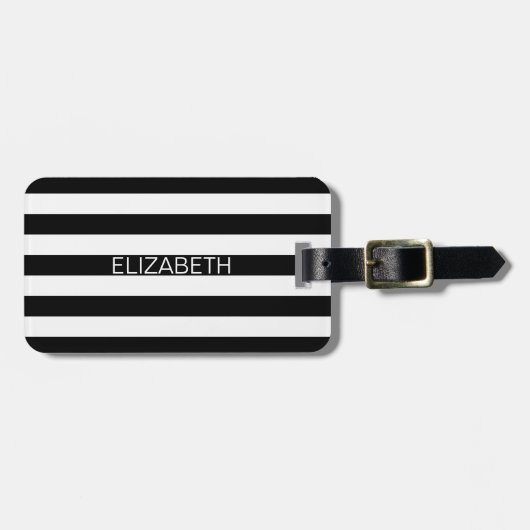 Étiquette À Bagage Black White Horizontal Preppy Stripe Nom monogram (Devant horizontal)