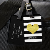 Étiquette À Bagage Black White Stripes Faux Gold Heart