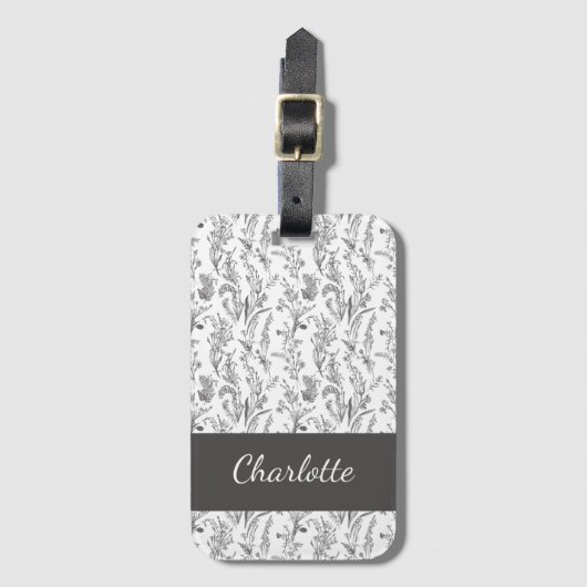 Étiquette À Bagage Black White Toile Floral Custom Name (Devant Vertical)