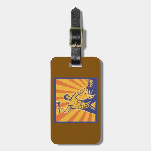 Étiquette À Bagage Blacksmith Hammering Retro Strongman Labor (Devant Vertical)