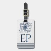 Étiquette À Bagage Blanc avec Octopus bleu marine et rayures (Devant Vertical)