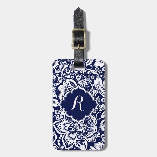 Étiquette À Bagage Blancs et bleu marine Damas floraux (Devant Vertical)