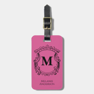 Étiquette À Bagage Blason de monogramme rose élégant