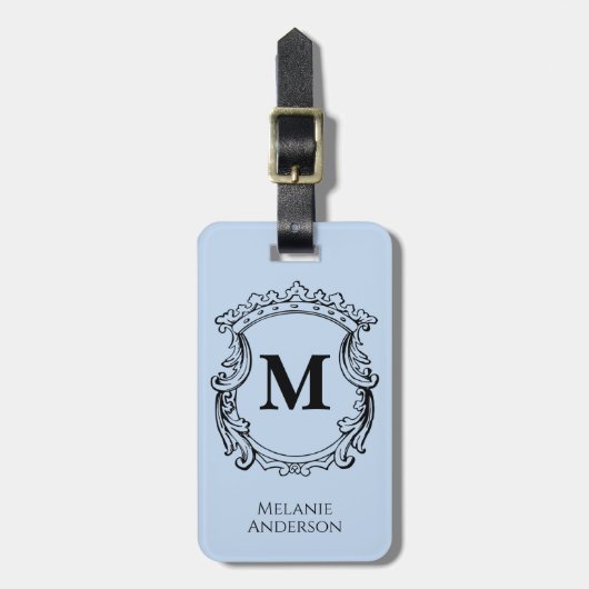 Étiquette À Bagage Blason Monogramme Bleu Élégant (Devant Vertical)