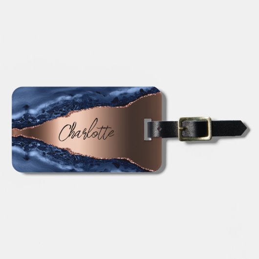 Étiquette À Bagage Bleu agate marbre rose or nom script (Devant horizontal)