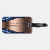 Étiquette À Bagage Bleu agate marbre rose or nom script (Dos horizontal)
