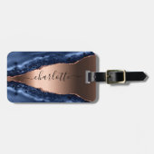 Étiquette À Bagage Bleu agate marbre rose or nom script (Devant horizontal)