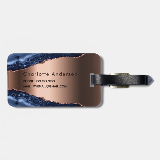 Étiquette À Bagage Bleu agate marbre rose or nom script (Dos horizontal)