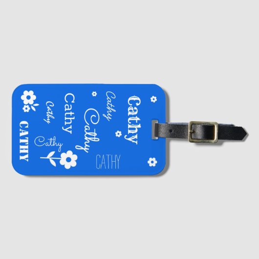 Étiquette À Bagage Bleu avec fleurs blanches, étiquette de bagage Cus (Devant Horizontal)