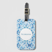 Étiquette À Bagage Bleu blanc Batik Floral (Devant Vertical)