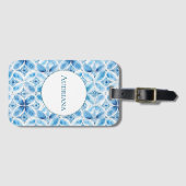 Étiquette À Bagage Bleu blanc Batik Floral (Devant Horizontal)