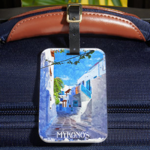 Étiquette À Bagage Bleu blanc élégant Mykonos Grèce Aquarelle