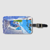 Étiquette À Bagage Bleu blanc élégant Mykonos Grèce Aquarelle (Devant Horizontal)