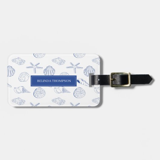 Étiquette À Bagage Bleu blanc Main dessinée Sea Shells Plage Été (Devant horizontal)