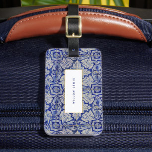 Étiquette À Bagage Bleu & Blanc Méditerranéen Vintage motif floral