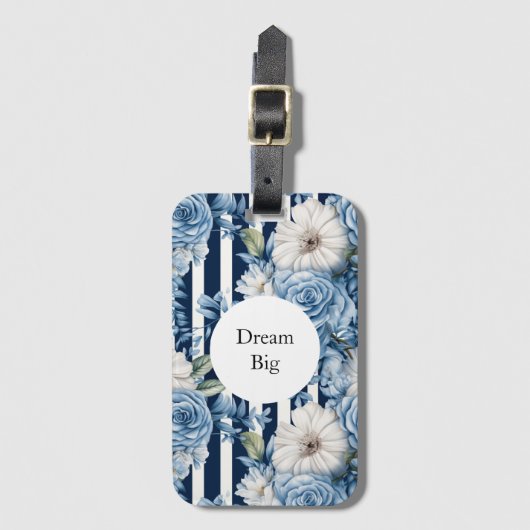 Étiquette À Bagage Bleu blanc rayures florales (Devant Vertical)