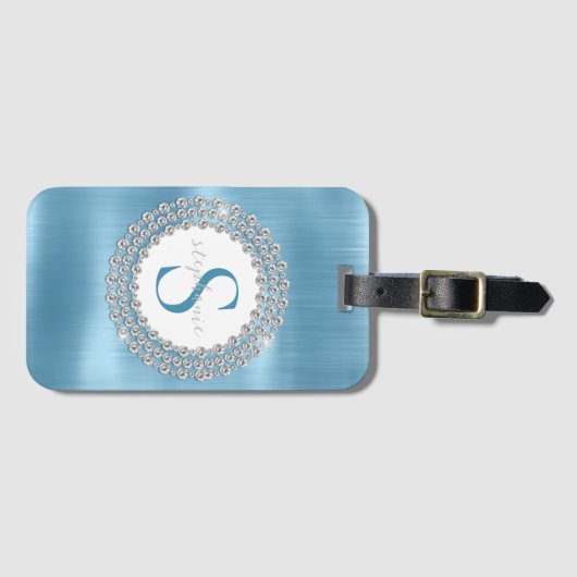 Étiquette À Bagage Bleu brossé métal brillant diamant brillant Monogr (Devant Horizontal)