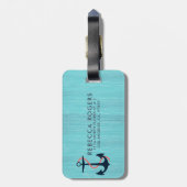 Étiquette À Bagage Bleu clair et bleu Ancre marine Monogramme (Dos Vertical)