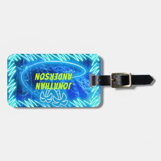 Étiquette À Bagage Bleu Clair Neon Piscine Lumineuse Eau Wave Palm (Devant horizontal)