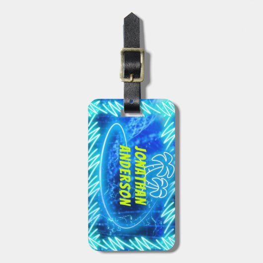 Étiquette À Bagage Bleu Clair Neon Piscine Lumineuse Eau Wave Palm (Devant Vertical)