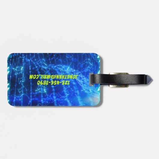Étiquette À Bagage Bleu Clair Neon Piscine Lumineuse Eau Wave Palm (Dos horizontal)