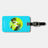 Étiquette À Bagage Bleu d'Aqua lumineux avec palmiers tropicaux Monog (Devant horizontal)