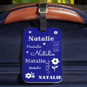 Étiquette À Bagage Bleu de marine avec fleurs blanches, Customisé
