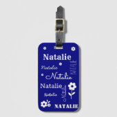 Étiquette À Bagage Bleu de marine avec fleurs blanches, Customisé (Devant Vertical)