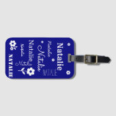 Étiquette À Bagage Bleu de marine avec fleurs blanches, Customisé (Devant Horizontal)