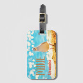 Étiquette À Bagage Bleu de plage personnalisé avec mouette (Devant Vertical)