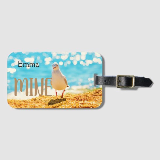 Étiquette À Bagage Bleu de plage personnalisé avec mouette (Devant Horizontal)