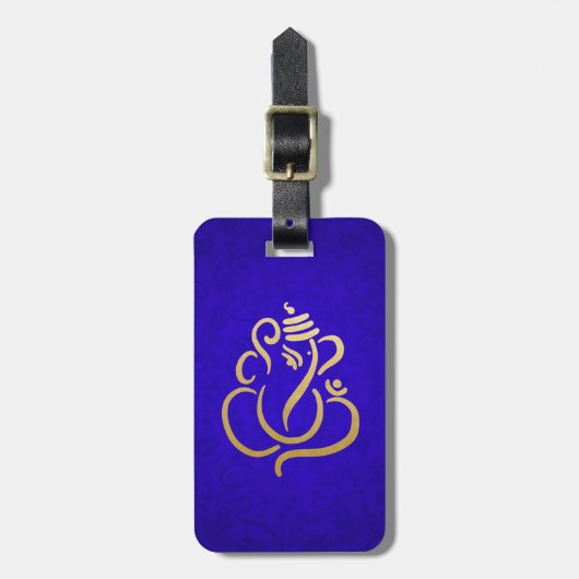 Étiquette À Bagage Bleu Elegant Gold Ganesha Inde Damask (Devant Vertical)