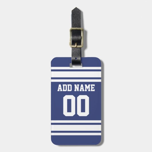 Étiquette À Bagage Bleu et blanc avec nom et numéro (Devant Vertical)